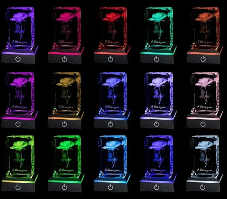 Lumière décorative rose en cristal 3D symbolisant l'élégance et l'amour intemporel.