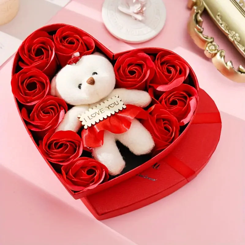 Boîte cadeau cœur avec ours en peluche et roses artificielles