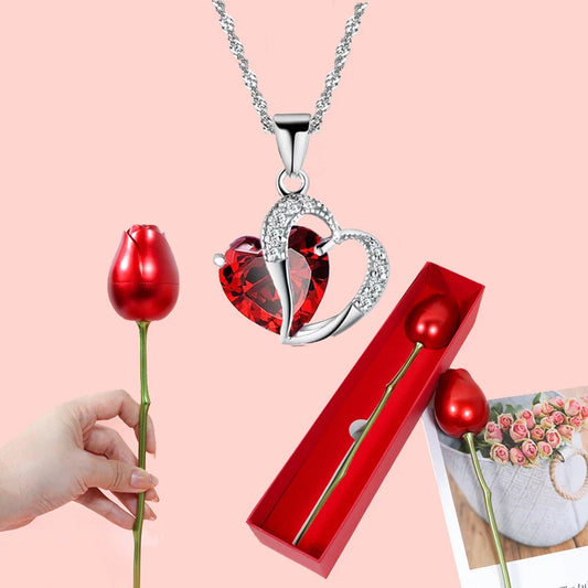 Collier Pendentif Cœur Rouge avec Coffret Fleur